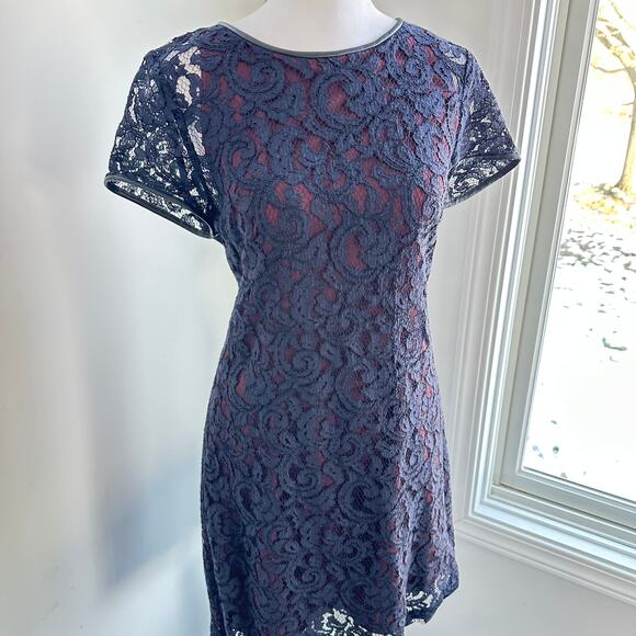 Club Monaco Navy Blue Lace Leather Trim Knee Length Layered Dress Size 6 - Picture 4 of 7